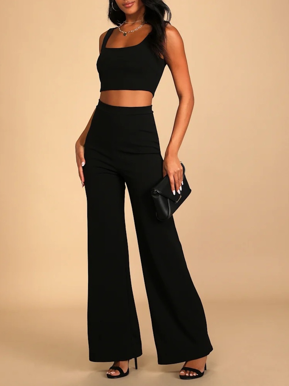 Lulus Only Tonight Two-Piece Wide-Leg Jumpsuit Outfit Pants Set Medium Black
